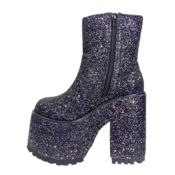YRU Krush Platform Boots in Black Glitter - Picture 3 of 4